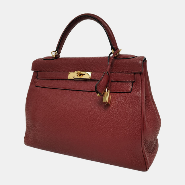 Hermes Kelly 32 Retourne Rouge H Burgundy Clemence Leather Double Ring Gold HW 2004