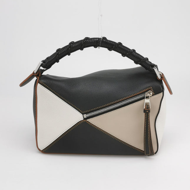 Loewe Puzzle Small Tricolor Black Grey Calfskin Leather Braided Handle Crossbody Bag