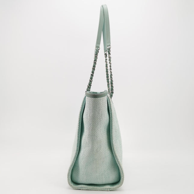 Chanel Deauville Tote Light Blue Cloth Leather Chain Handle Small 34cm