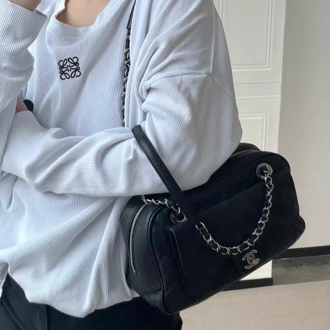 Chanel Paradoxal Camera Bag Black Caviar Leather Double Chain Silver Hardware