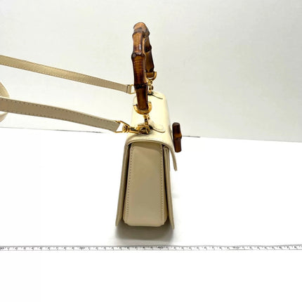 Gucci Bamboo 1947 Vintage Small White Box Leather Top Handle and Leather Strap Bag