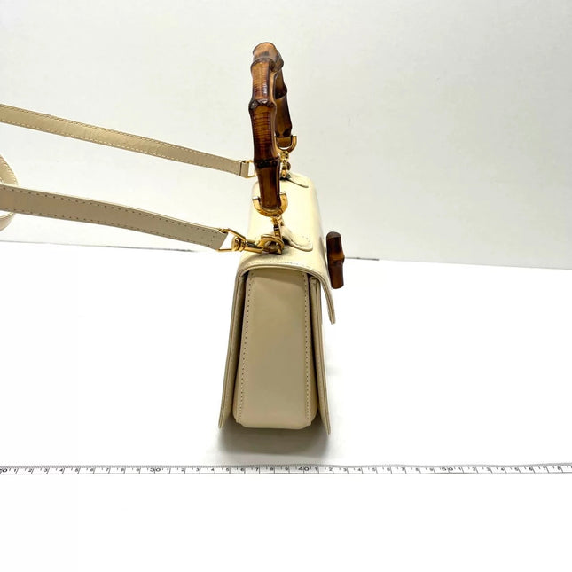 Gucci Bamboo 1947 Vintage Small White Box Leather Top Handle and Leather Strap Bag