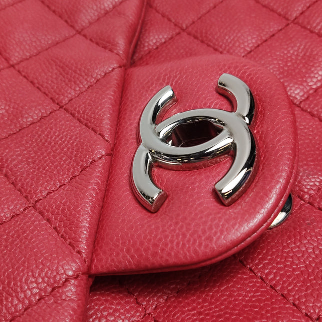 Chanel Classic Flap Maxi Red Caviar Leather Silver-tone Hardware Giant CC Logo