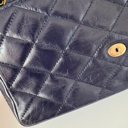 Chanel Vintage Classic Flap Mini Navy Lambskin Mega CC Logo 24k Gold HW, 1989-1991