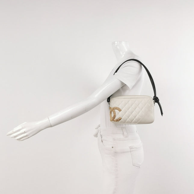 Chanel Cambon Clutch White Leather Snake Skin CC Logo Black Strap