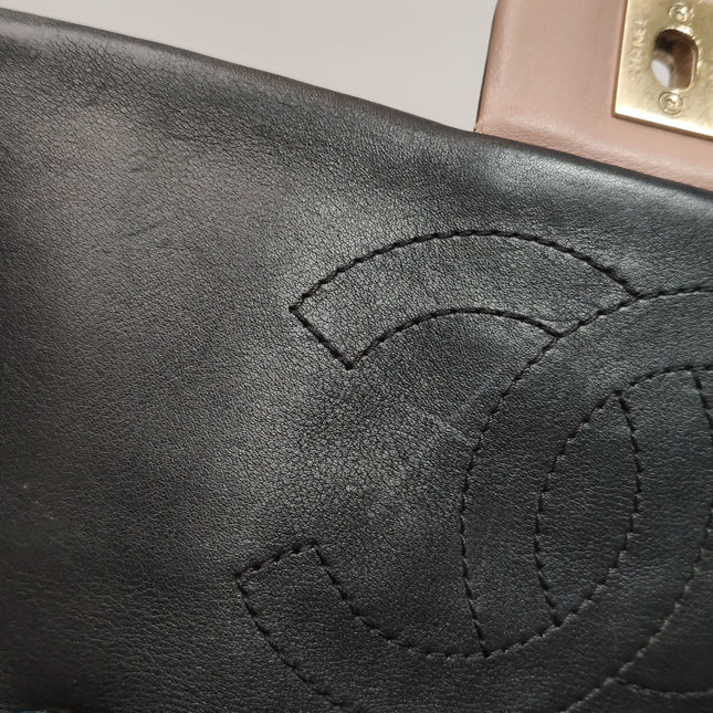 Chanel Classic Flap Bag Calfskin Leather 2014 Medium Nude Pink with Black Trim