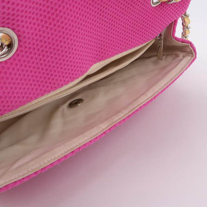 Chanel Flap Bag Medium Pink Perforated Fabric Yellow Patent Leather Stap 2009-2010