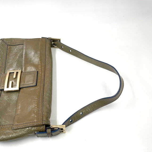 Fendi Baguette Dark Green Crinkled Patent Leather Shoulder Bag