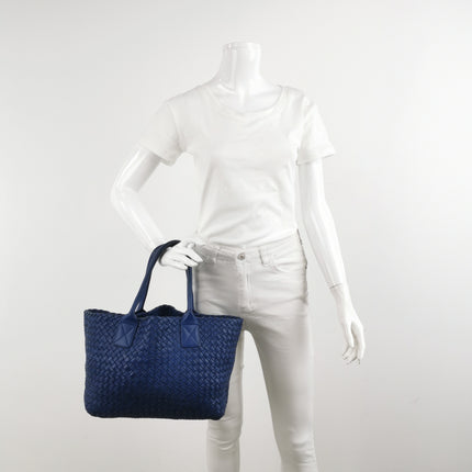 Bottega Veneta Cabat Small Intreccio Leather Tote Bag Navy Blue