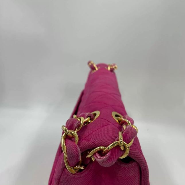 Chanel RARE Vintage Classic Maxi 34 Flap Hot Pink Denim Giant CC 24 Gold Hardware