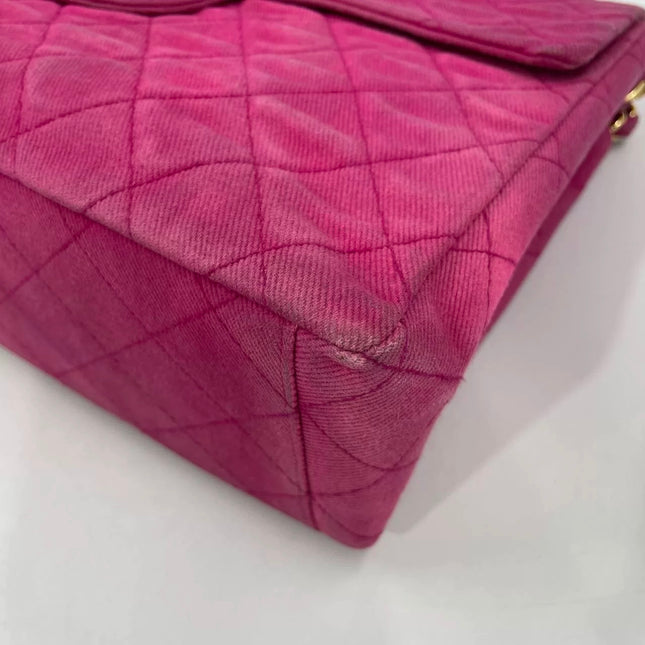 Chanel RARE Vintage Classic Maxi 34 Flap Hot Pink Denim Giant CC 24 Gold Hardware