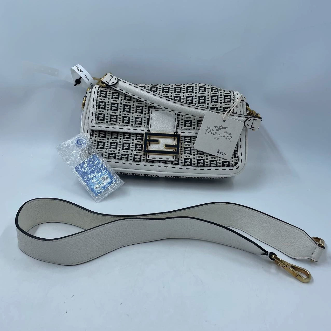 Fendi Baguette Calfskin Leather Weave Black and White Crossbody Bag