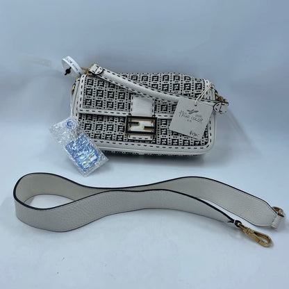 Fendi Baguette Calfskin Leather Weave Black and White Crossbody Bag