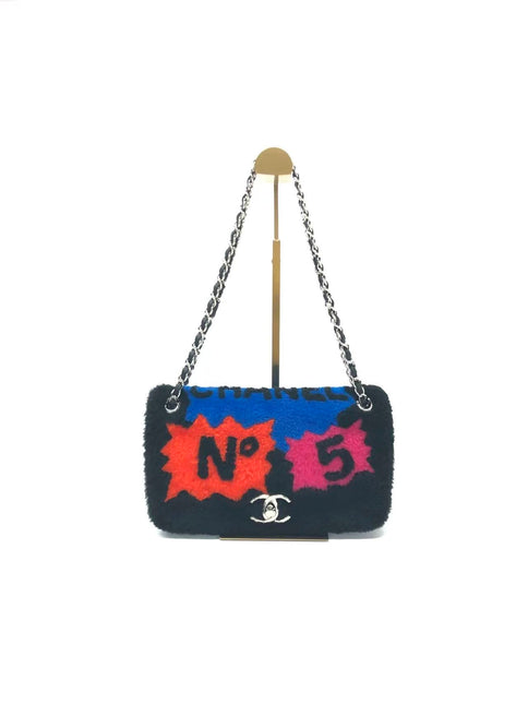 Chanel Medium Flap Bag Shearling and Leather Pop Art N.5 Silver Hardware