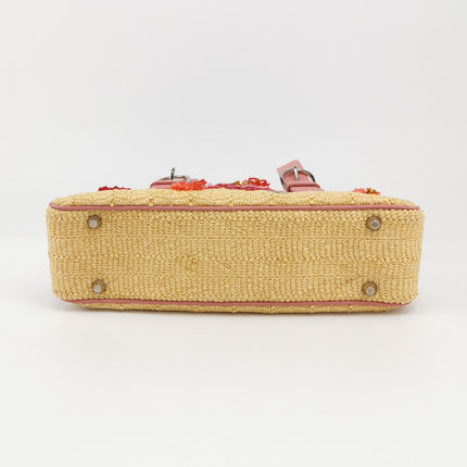 Dior Wicker Boston Bag Floral Embroidery Pink Leather