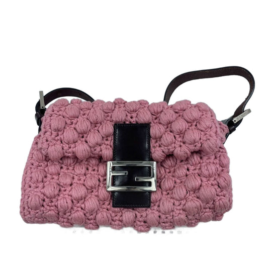 Fendi Baguette Bag Pink Crochet Knit Wool Pompom Shoulder Bag-Luxbags