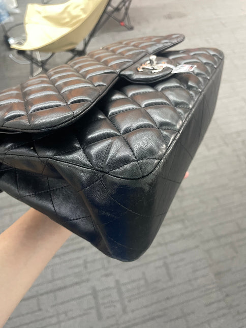 Chanel Classic Flap Jumbo Black Lambskin Leather Double Flap Silver Hardware 2012