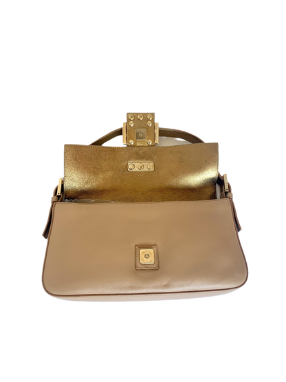 Fendi Baguette Beige Leather with Gold Studded Metal Buckle