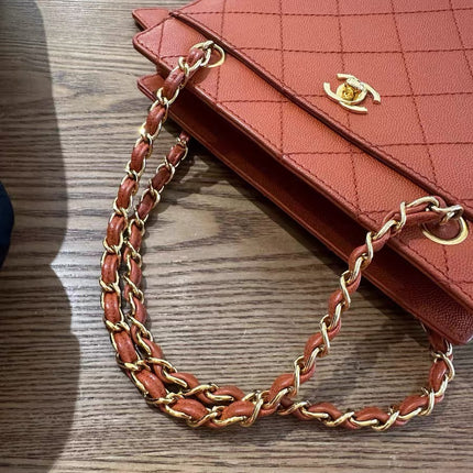 Chanel Vintage Small Matelasse Orange Caviar Leather Top Handle Bag