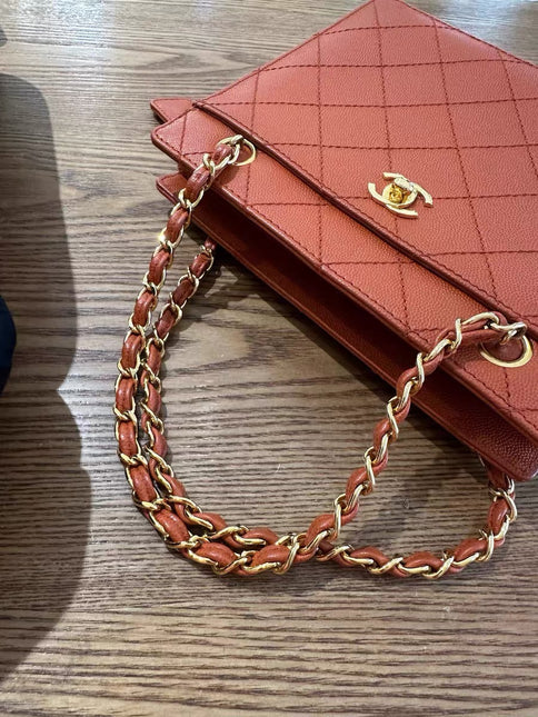 Chanel Vintage Small Matelasse Orange Caviar Leather Top Handle Bag