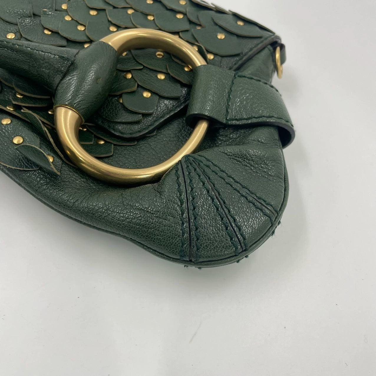 Gucci Horsebit 1955 Chain Green Leather and Gold Studs