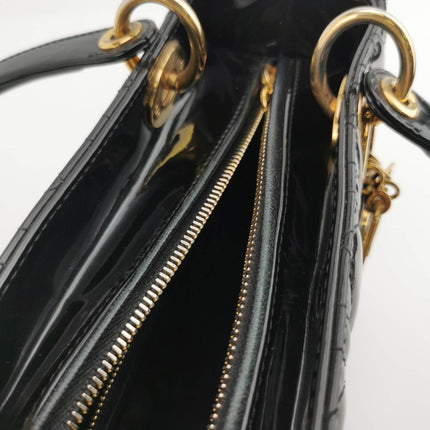 Sold Lady Dior Medium Black Patent Leather Handbag with Gold Hardware