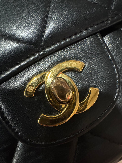 Chanel Medium Double Sided Top Handle Flap Bag Black Lambskin Leather 24k Gold Hardware