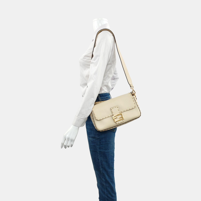 Fendi Baguette Selleria Medium White Calfskin Leather Gold Studs Crossbody Bag