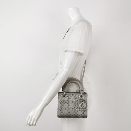 Lady Dior Mini Grey Silk with Crystals Silver Hardware