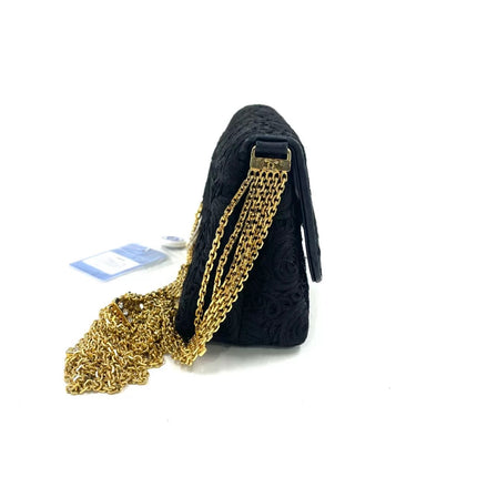 Chanel vintage Black Rose Knitted Fabric Gold Chain Flap Crossbody Bag