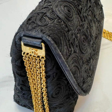 Chanel vintage Black Rose Knitted Fabric Gold Chain Flap Crossbody Bag