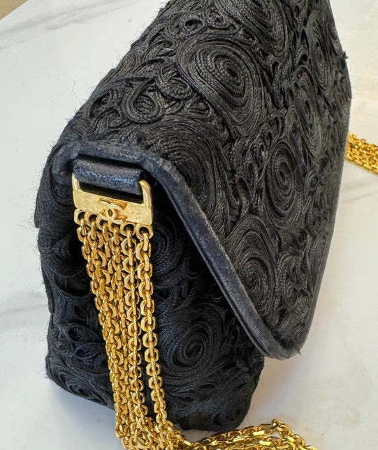 Chanel vintage Black Rose Knitted Fabric Gold Chain Flap Crossbody Bag
