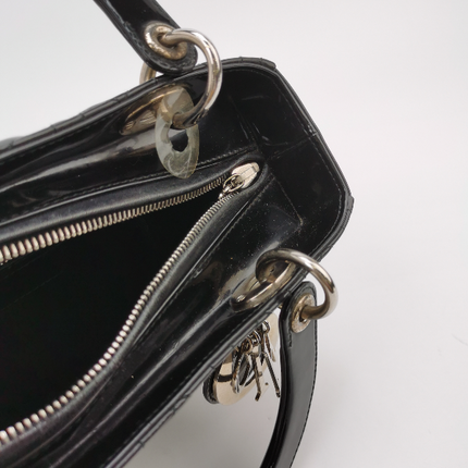 Lady Dior Medium Black Patent Leather Handbag with Silver Hardware