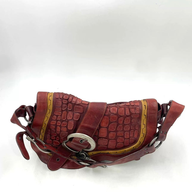 Dior Vintage Gaucho Large Red Leather Crocodile Embossed Crossbody Bag