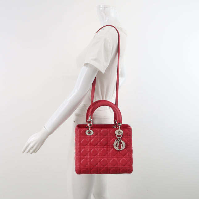 Lady Dior Medium Red Lambskin Leather Gold Hardware Leather Strap