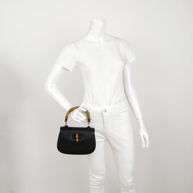 Gucci Bamboo 1947 Small Black Grained Leather Top Handle Bag