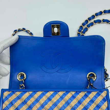 Chanel Mini Raffia Jute Striped Flap Bag Blue Diamond Wild Stitch