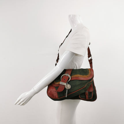 Dior Vintage Gaucho Large Green Denim Burgundy Leather Crossbody Bag 2006