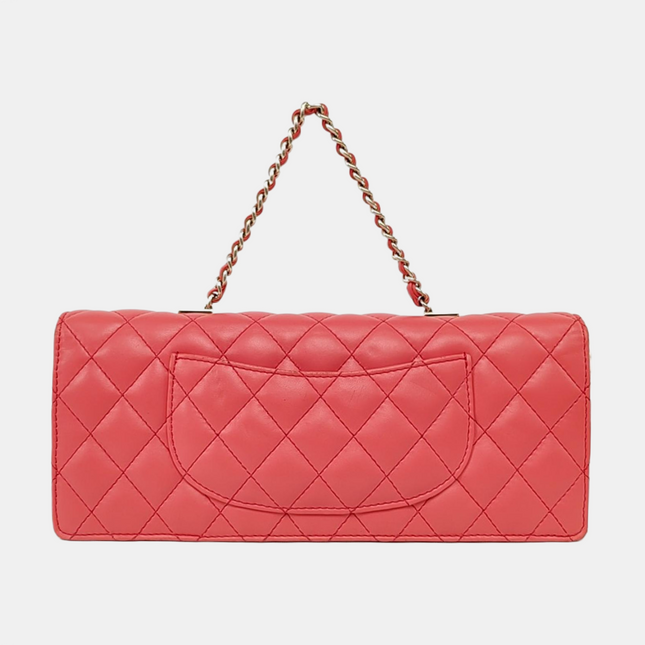 Chanel East West Single Flap Bag Pearl Chain Clutch Pink Lambskin