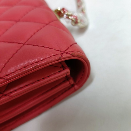 Chanel East West Single Flap Bag Pearl Chain Clutch Pink Lambskin