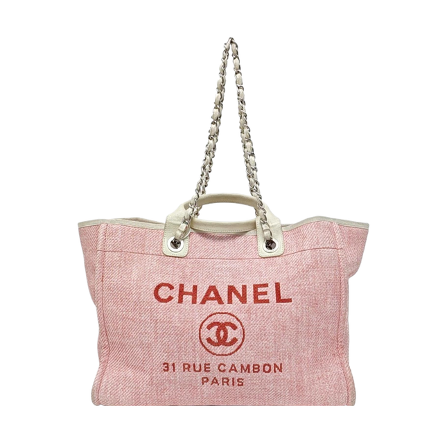 Chanel Deauville Tote Medium Pink Denim White Leather Top Handle-Luxbags