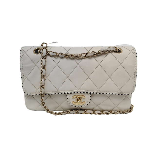 Chanel Classic Flap Medium Happy Stitch White Leather with Contrast Black Trim, 2003-04-Luxbags