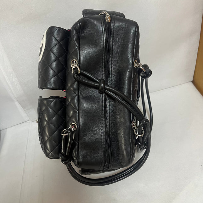 Chanel Cambon Multi-pocket Ligne Reporter Bag Large Black Calfskin Leather White Logo