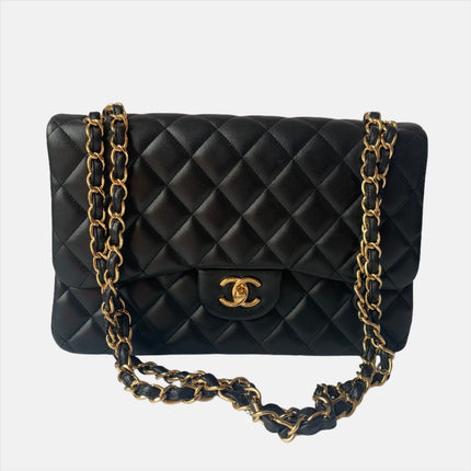 Chanel Classic Flap Jumbo 2012 Black Lambskin Leather Double Flap with Gold Hardware-Luxbags