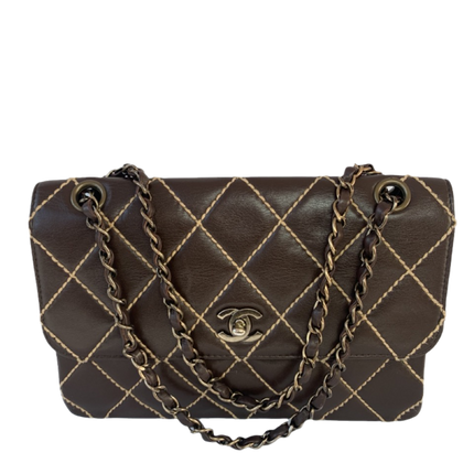 Sold Chanel Wild Stitch Flap Brown Leather with Beige Stitching Detail