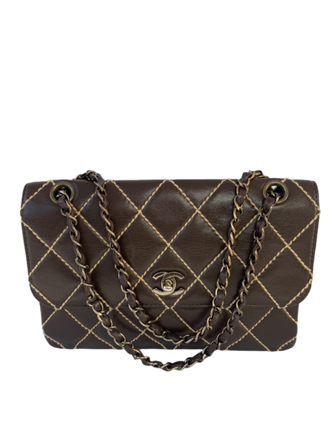 Sold Chanel Wild Stitch Flap Brown Leather with Beige Stitching Detail