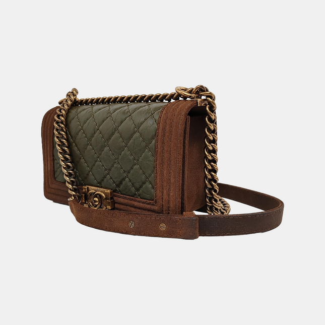 Chanel Le Boy Medium Dark Green Calfskin Brown Suede Leather Bag Gold Hardware