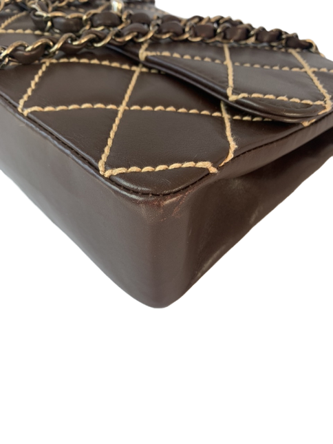 Sold Chanel Wild Stitch Flap Brown Leather with Beige Stitching Detail