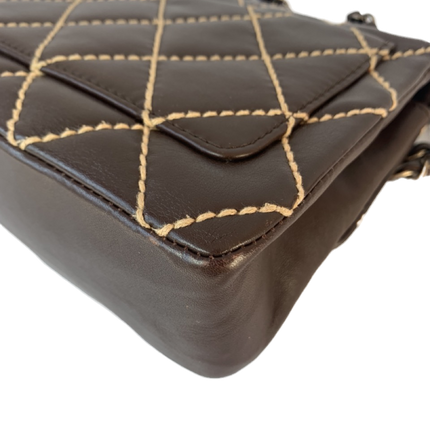 Sold Chanel Wild Stitch Flap Brown Leather with Beige Stitching Detail