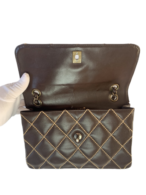 Sold Chanel Wild Stitch Flap Brown Leather with Beige Stitching Detail